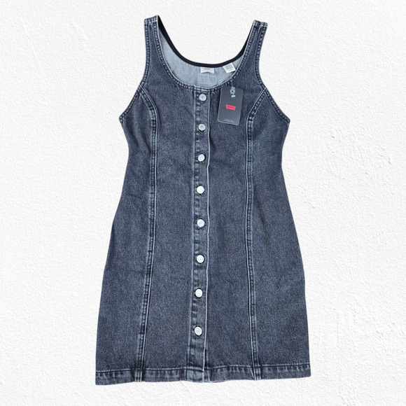 Levi's Black Full Button Down Pinafore Overall Mini Tuli Denim Dress Size XS - Picture 1 of 8